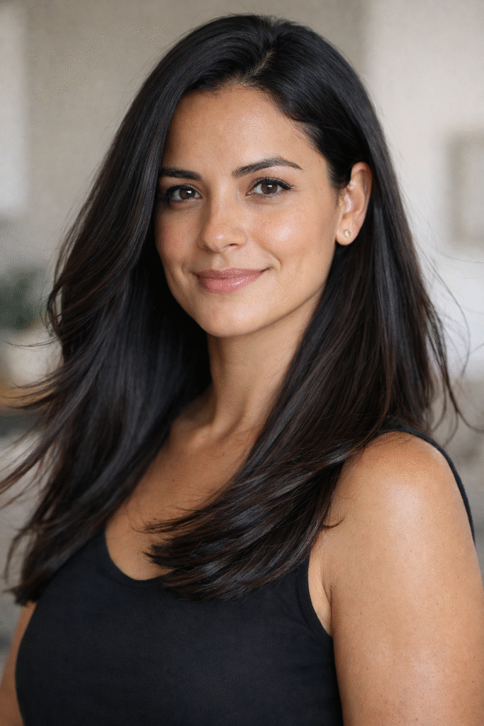 “Cabelo liso, sedoso e brilhoso de mulher brasileira, mostrando fios saudáveis e bem cuidados.”