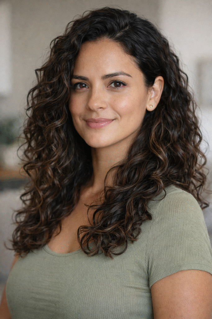 Cabelo ondulado definido, volumoso e hidratado, representando cuidados específicos para