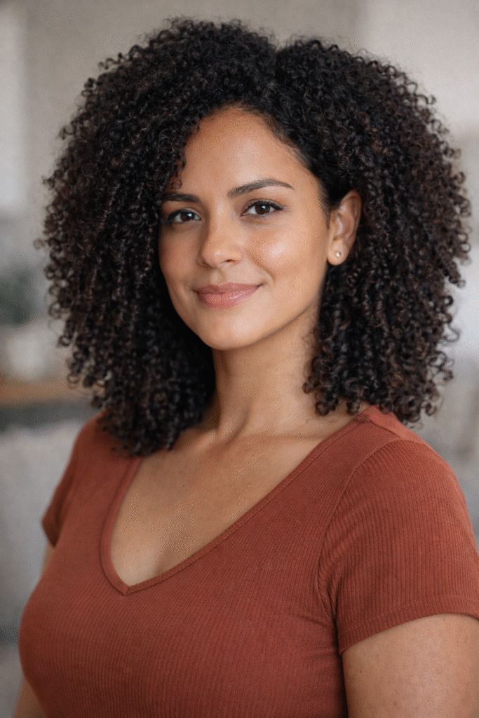 Cabelo crespo volumoso e definido, mostrando cuidados para fios secos e frágeis.”