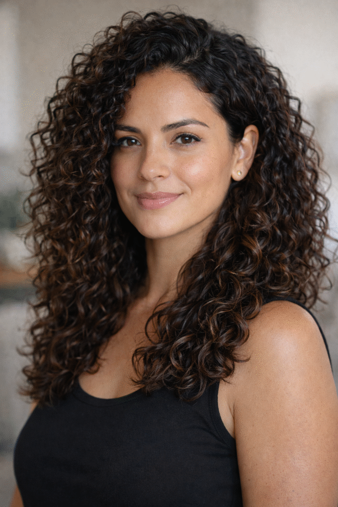 Cabelo cacheado bem definido e saudável de mulher brasileira, destacando hidratação e brilho dos fios 