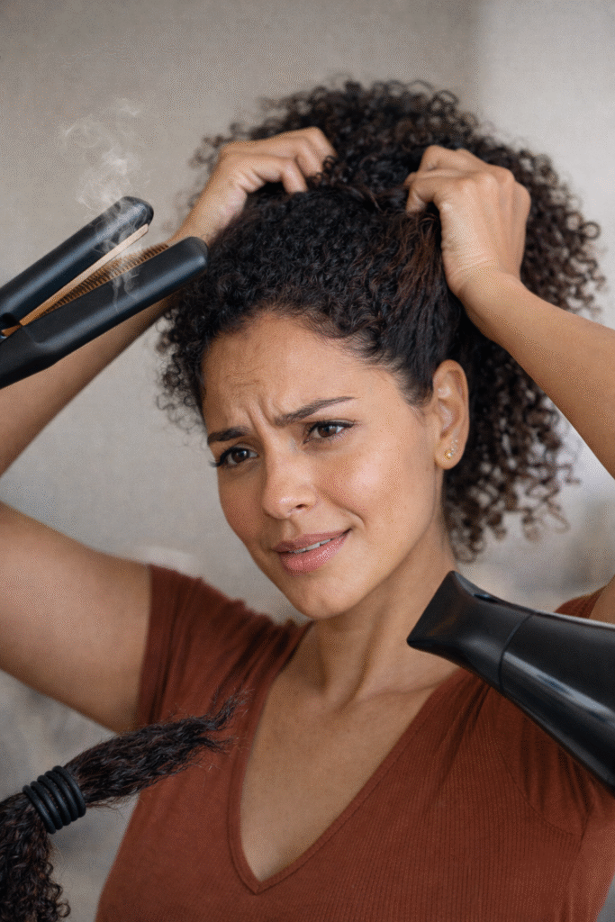 Hábitos que prejudicam a saúde do cabelo, como uso excessivo de chapinha, secador e prender o cabelo molhado.