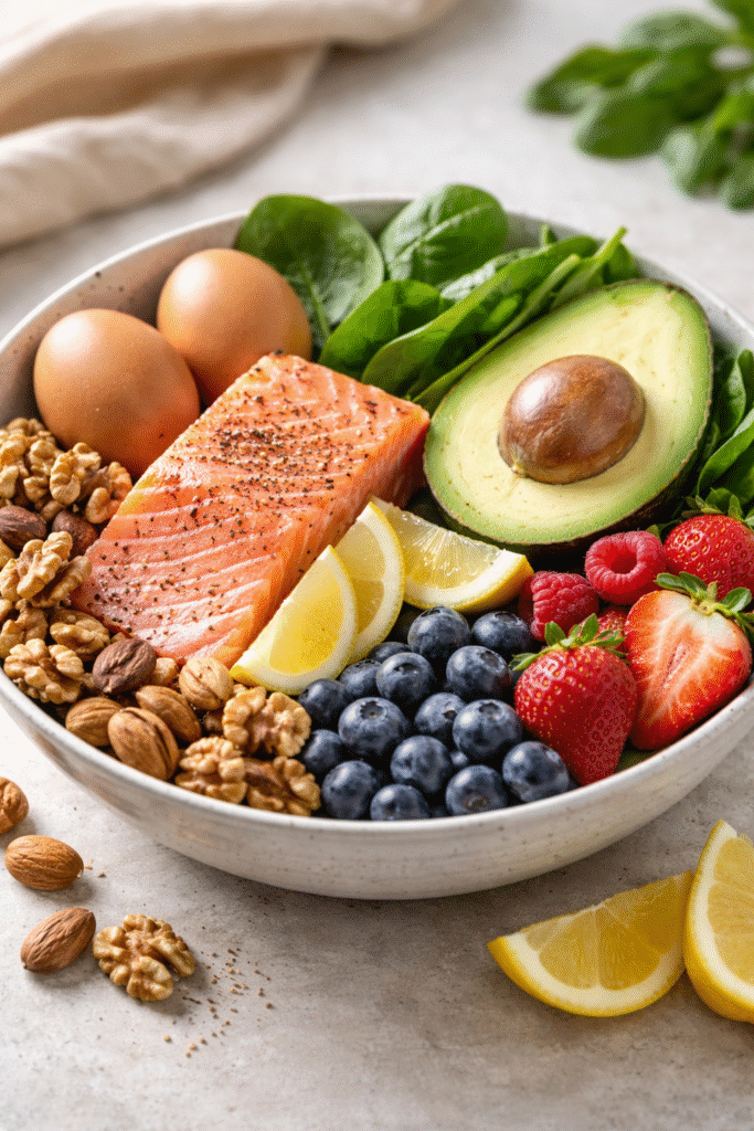 Alimentos que fortalecem o cabelo, incluindo ovos, abacate, peixes, nozes e frutas vermelhas, saudáveis para fios fortes.”