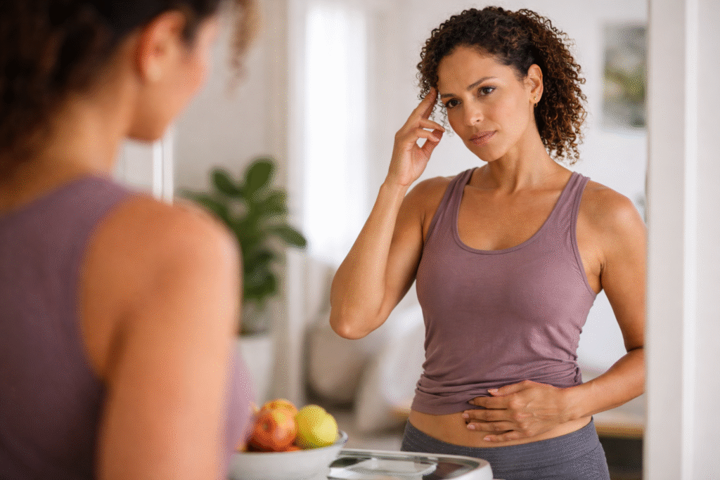 Pessoa adulta brasileira com dificuldade para emagrecer, refletindo sobre hábitos diários que desaceleram o metabolismo