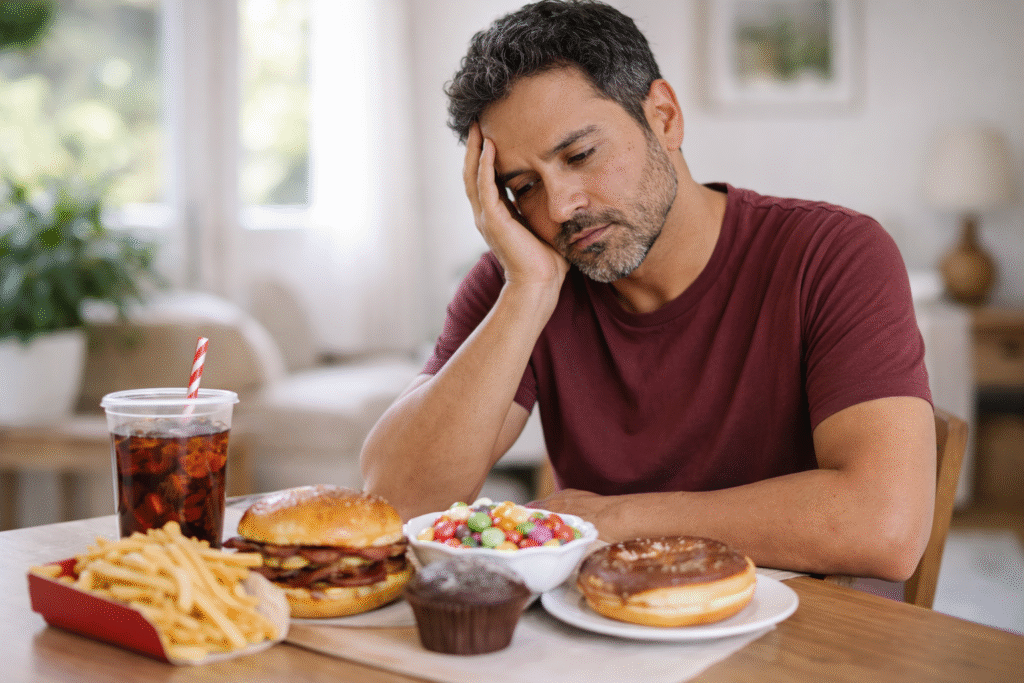 Pessoa adulta com hábitos alimentares desregulados e rotina sedentária, fatores que dificultam o emagrecimento e desaceleram o metabolismo
