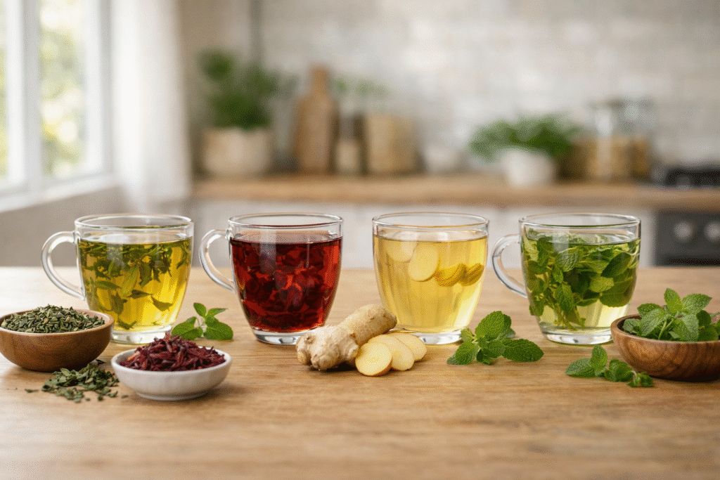 Tipos de chás naturais como chá verde, hibisco e gengibre que auxiliam no metabolismo e no emagrecimento saudável