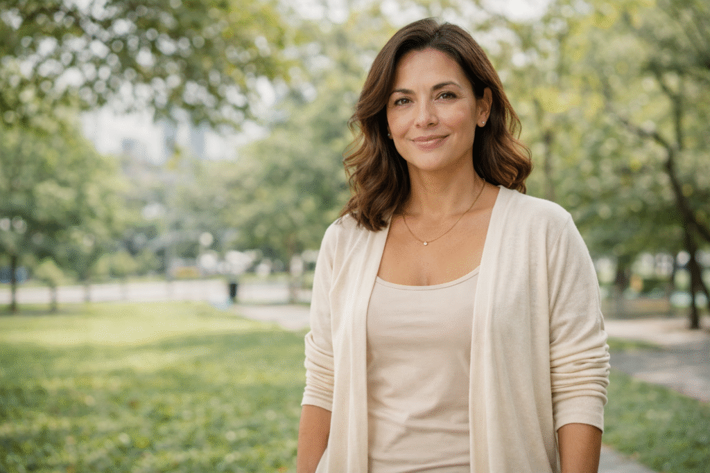 Mulher brasileira entre 35 e 55 anos, aparência real e natural, expressão confiante e tranquila, representando emagrecimento saudável após os 30, 40 e 50 anos. Corpo em enquadramento médio, postura ereta, vestindo roupas confortáveis em tons claros e neutros. Ambiente externo com luz natural suave, parque ou área verde urbana, clima de bem-estar e equilíbrio. Fotografia realista, sem exageros estéticos, foco em saúde metabólica, vitalidade, qualidade de vida e envelhecimento saudável. Fundo levemente desfocado, iluminação profissional, alta nitidez, composição clean e editorial. Formato horizontal 1200x675, ideal para imagem em destaque de artigo sobre emagrecimento saudável e metabolismo.