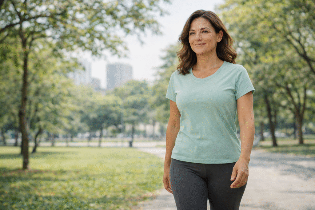 Pessoa adulta entre 40 e 55 anos, aparência real e natural, corpo saudável e proporcional, vestindo roupas confortáveis de atividade física, caminhando ao ar livre em um parque urbano, expressão tranquila e confiante, luz natural suave, cenário com árvores e céu claro, transmitindo saúde, equilíbrio hormonal, bem-estar e emagrecimento sustentável após os 30, 40 e 50 anos, fotografia realista, alta qualidade, foco em estilo de vida saudável e metabolismo ativo.