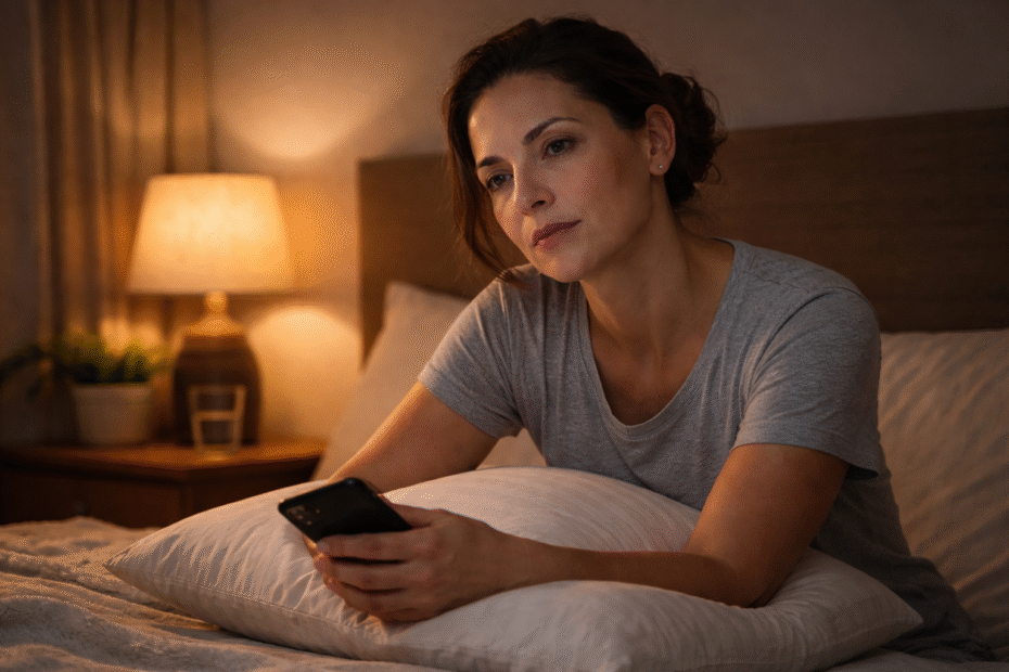 Mulher adulta sentada na cama à noite, com expressão de cansaço, representando como o sono ruim e o estresse afetam o metabolismo e dificultam o emagrecimento saudável