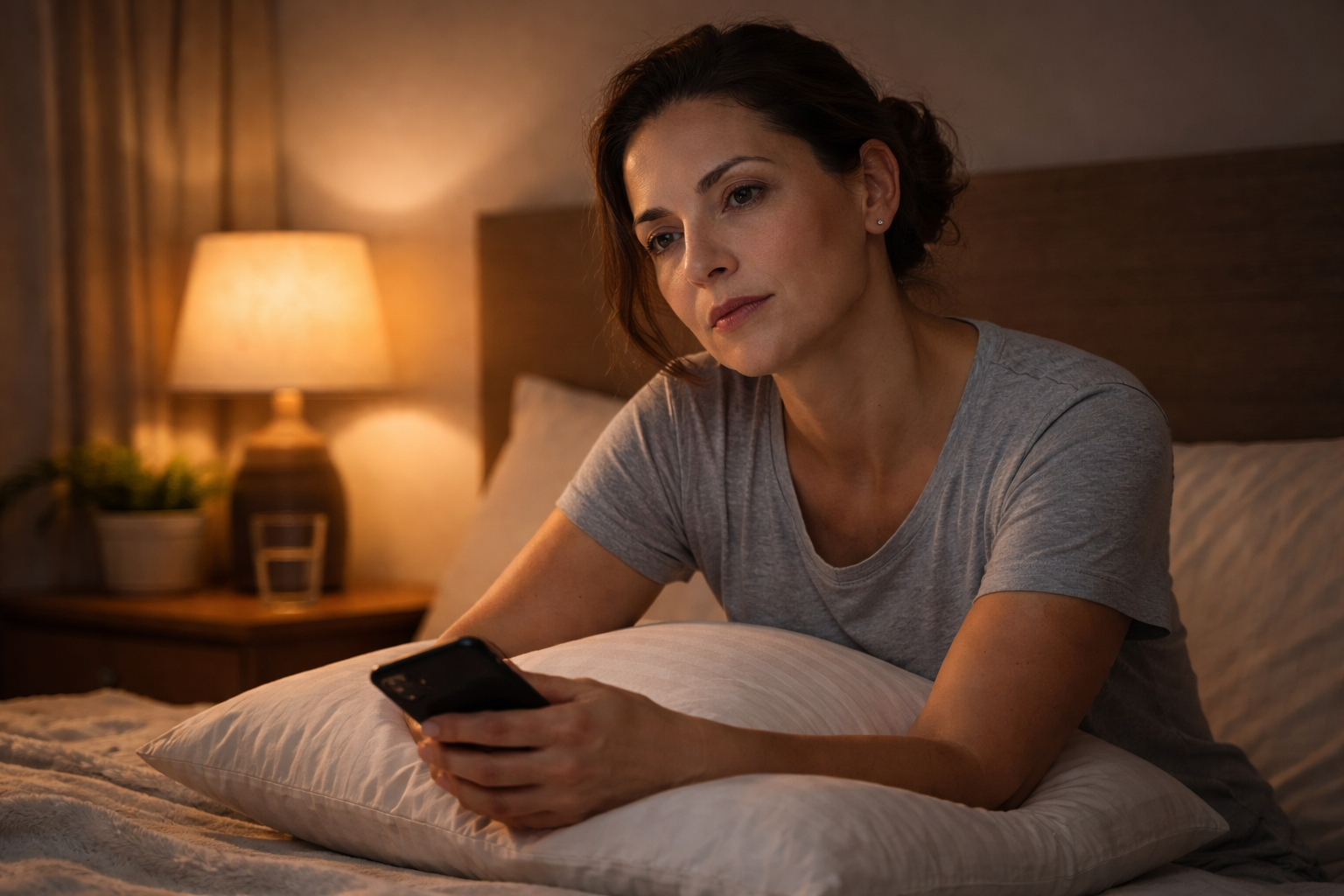 Mulher adulta sentada na cama à noite, com expressão de cansaço, representando como o sono ruim e o estresse afetam o metabolismo e dificultam o emagrecimento saudável