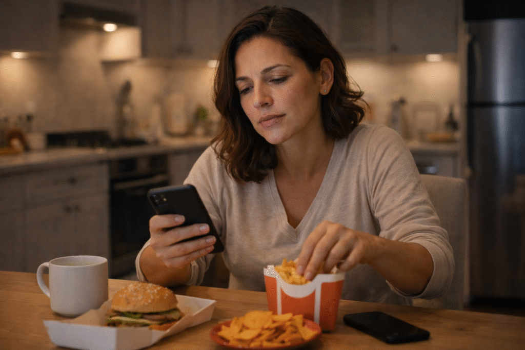 Mulher adulta brasileira entre 35 e 50 anos, aparência real e natural, corpo saudável e proporcional, sentada à mesa durante a noite, olhando para o celular enquanto consome alimentos ultraprocessados como salgadinhos ou fast food, ambiente doméstico moderno com iluminação artificial suave, expressão de cansaço e distração, cenário realista que represente hábitos noturnos prejudiciais ao emagrecimento, fotografia realista, alta qualidade, foco em comportamento cotidiano e impacto no metabolismo.