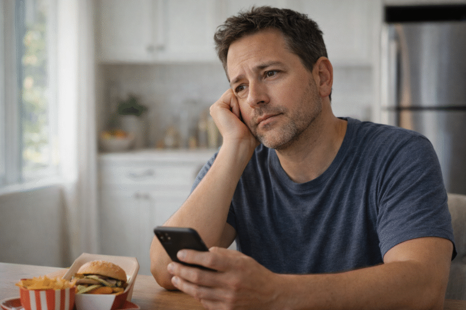 Pessoa adulta entre 35 e 55 anos, gênero neutro ou masculino, aparência real e natural, corpo saudável e proporcional, vestindo roupas casuais confortáveis, em um ambiente interno bem iluminado, como uma cozinha moderna ou sala clara, expressão pensativa e levemente preocupada, transmitindo dificuldade para emagrecer e metabolismo lento, luz natural suave entrando pela lateral, fundo desfocado, fotografia realista, alta qualidade, estilo editorial de saúde e bem-estar, sem poses artificiais, sem texto na imagem Tamanho: 1200x628 pixels Estilo: fotografia realista, natural, sem aparência de banco de imagens
