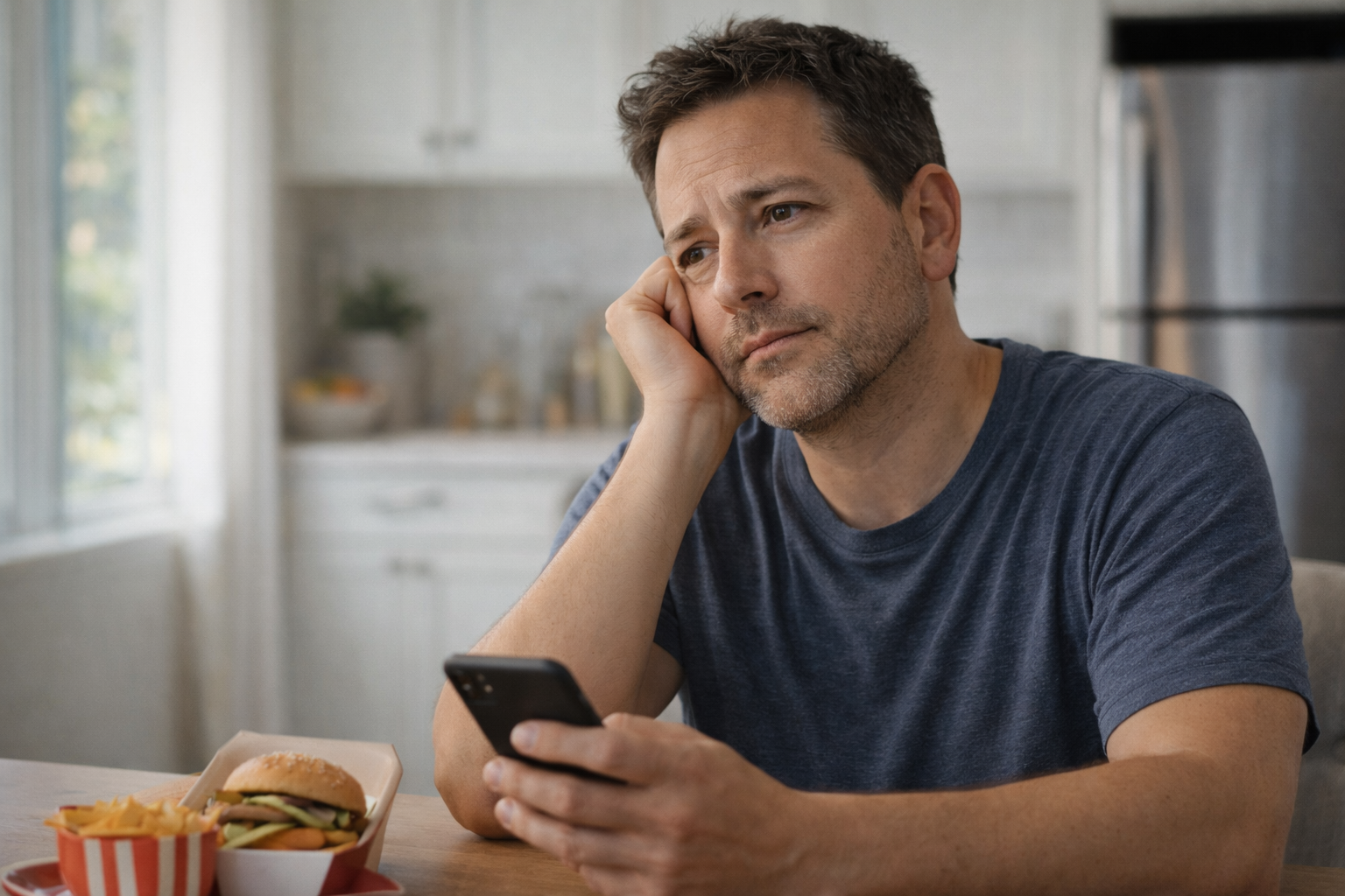Pessoa adulta entre 35 e 55 anos, gênero neutro ou masculino, aparência real e natural, corpo saudável e proporcional, vestindo roupas casuais confortáveis, em um ambiente interno bem iluminado, como uma cozinha moderna ou sala clara, expressão pensativa e levemente preocupada, transmitindo dificuldade para emagrecer e metabolismo lento, luz natural suave entrando pela lateral, fundo desfocado, fotografia realista, alta qualidade, estilo editorial de saúde e bem-estar, sem poses artificiais, sem texto na imagem Tamanho: 1200x628 pixels Estilo: fotografia realista, natural, sem aparência de banco de imagens