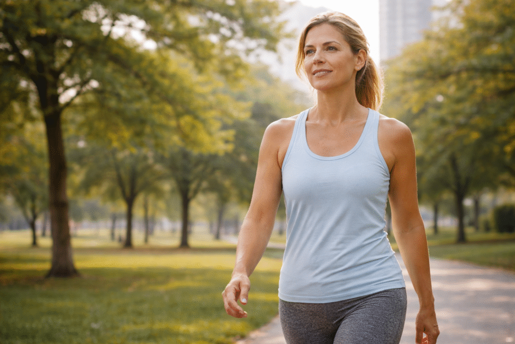 Metabolismo lento e hábitos saudáveis: mulher madura caminhando ao ar livre para estimular a queima de gordura e melhorar a saúde metabólica