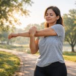 Mulher adulta praticando atividade física leve ao ar livre, representando a importância dos exercícios para o bem-estar, a saúde feminina e a qualidade de vida em diferentes fases da vida.