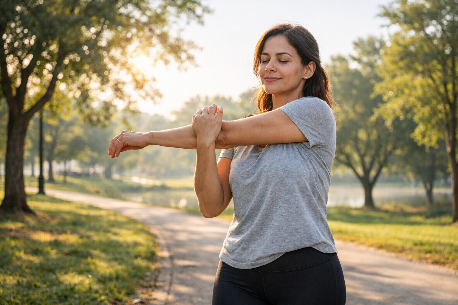 Mulher adulta praticando atividade física leve ao ar livre, representando a importância dos exercícios para o bem-estar, a saúde feminina e a qualidade de vida em diferentes fases da vida.