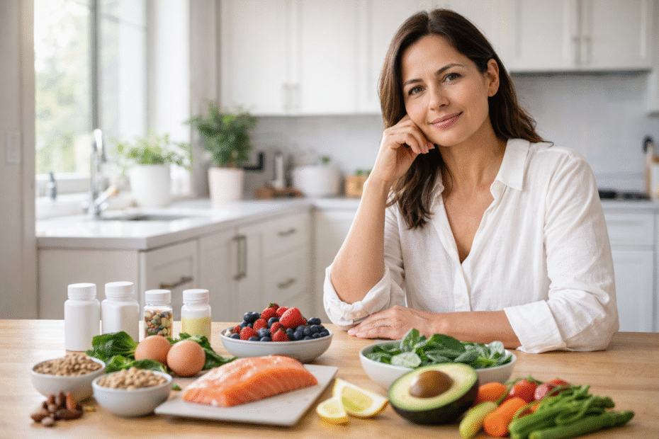 Mulher adulta cuidando da alimentação e suplementação feminina, com alimentos naturais ricos em vitaminas, minerais e superalimentos essenciais para a saúde e o bem-estar da mulher.