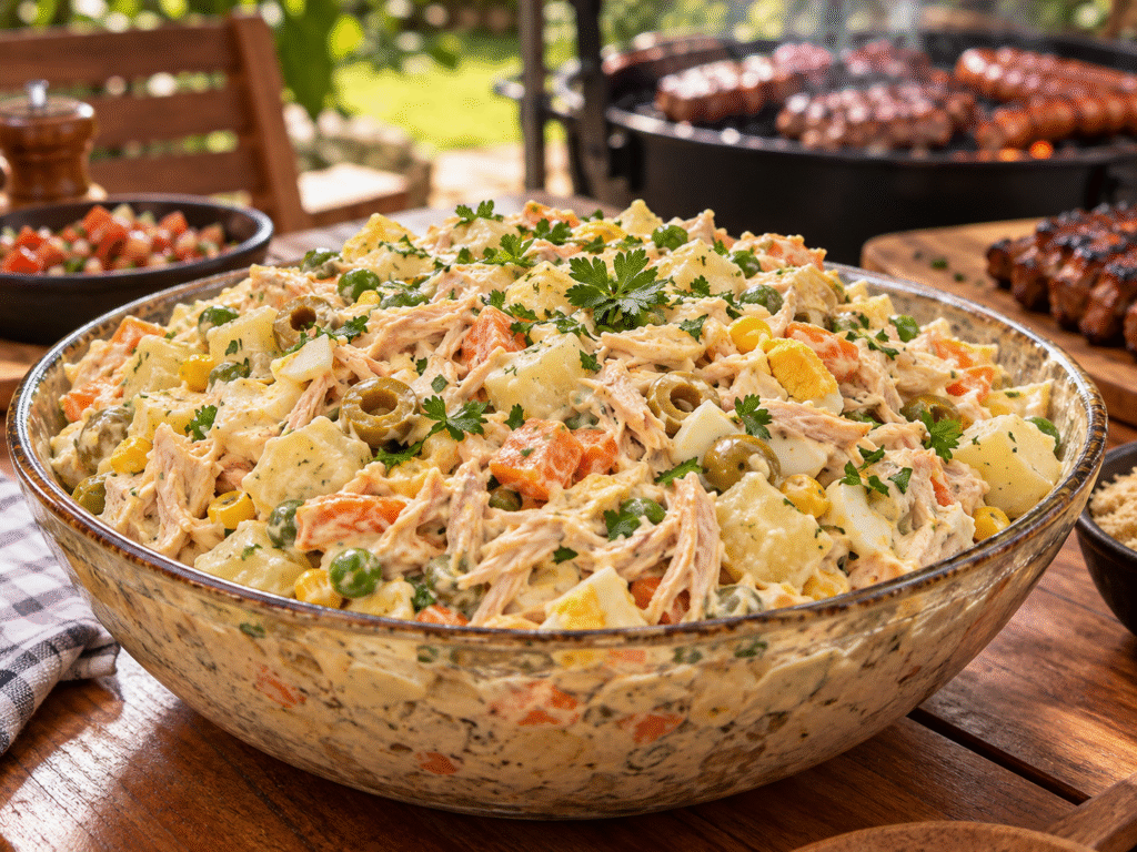 Salada de maionese com frango para churrasco