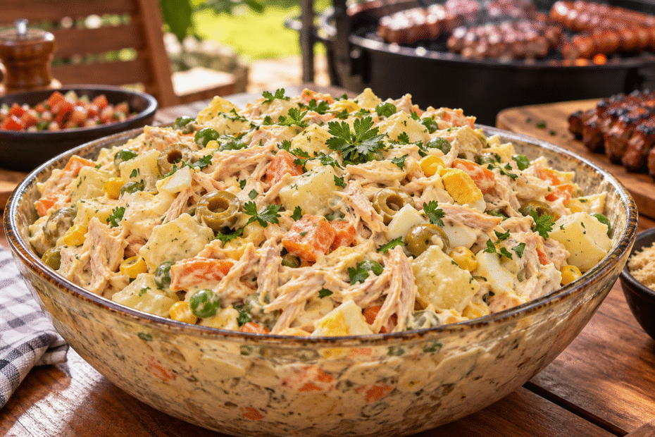 Salada de maionese com frango para churrasco