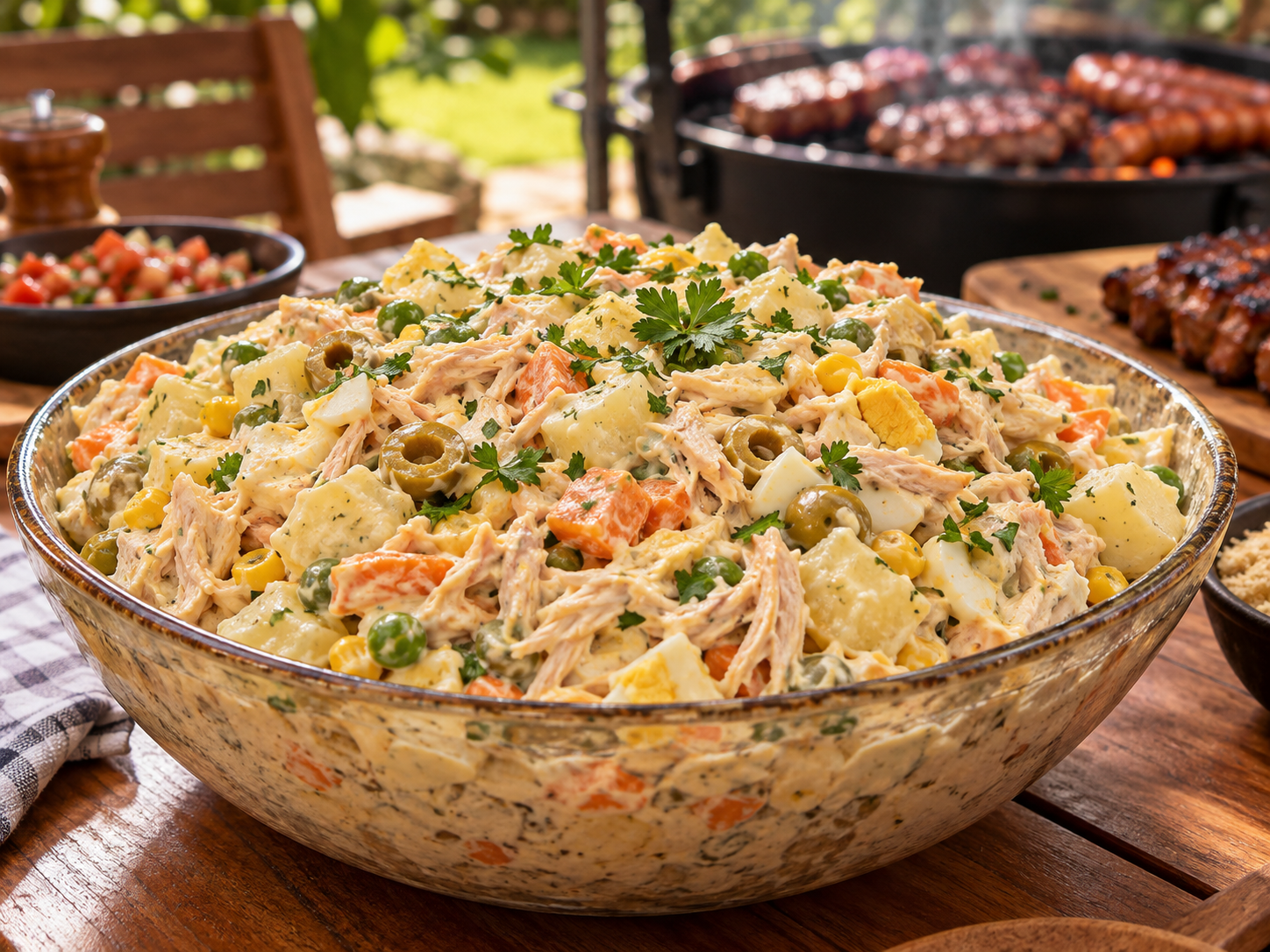 Salada de maionese com frango para churrasco