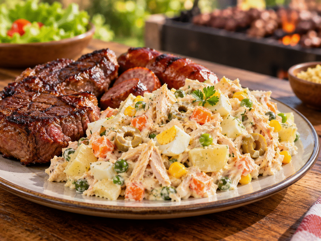 Salada de maionese com frango para churrasco