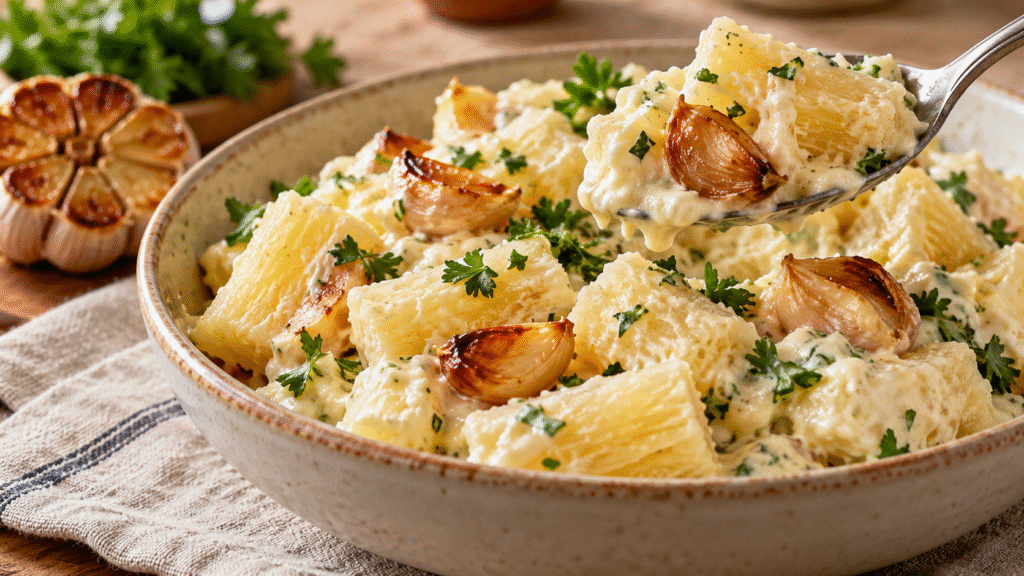 Salada de Maionese com Mandioca e Alho Assado