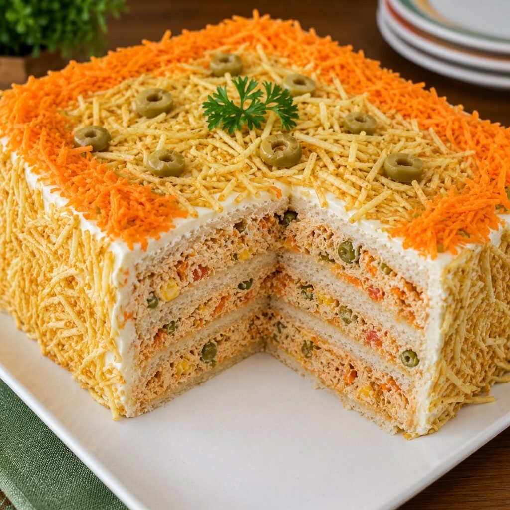 Torta Salgada Cremosa de Pão de Forma com Frango e Atum